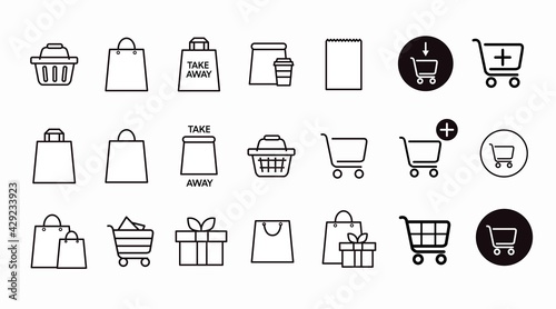 Black and White Shopping Icon Set, with Shopping Bags and Carts. Vector Isolated Illustration