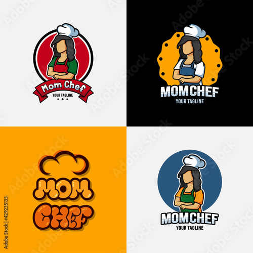 Mom chef cartoon character logo collection. Chef logo mascot with bubble lettering illustration.