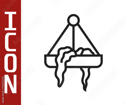 Black line Plant in hanging pot icon isolated on white background. Decorative macrame handmade hangers for flower pot, hang indoor plants. Vector