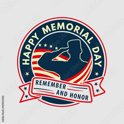 Memorial day poster design template. US Army soldiers saluting on American flag background. Vector illustration.