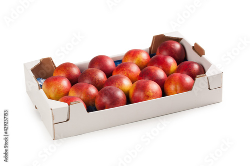 Nectarines in White Cardboard Box – Smooth Skin Peaches, Red and Yellow, Ordered in Fruit Market Carton Box – Detailed Close-Up Macro, Isolated on White Background 