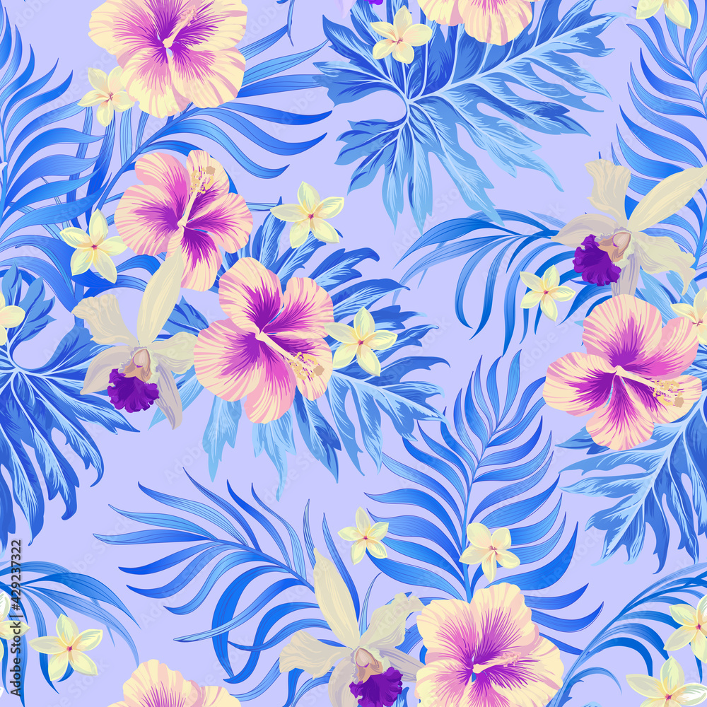 Tropical pattern with strelizia, hibiscus, palm leaves. Summer vector background for fabric, cover,print design.