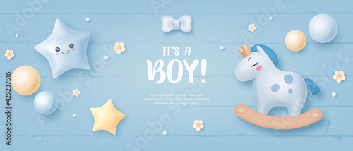 Baby shower horizontal banner with cartoon horse, helium balloons and flowers on blue wooden background. It's a boy. Vector illustration