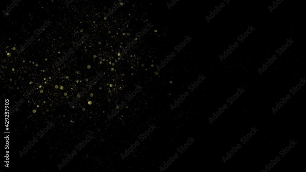 Magician wand golden lights effect on black background. Gold glitter wave with sparkles magic fairy dust. Mystery and illusion concept. Glitter trail in the air. Animation magic spell or stardust
