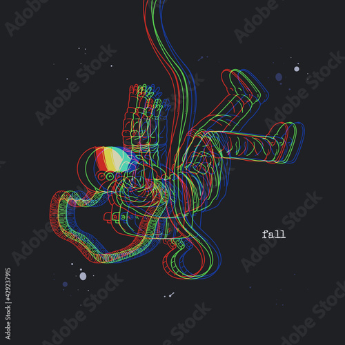 Astronaut in space. Glitch effect. Falling cosmonaut in spacesuit