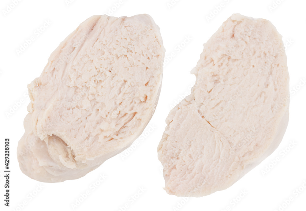 Pieces of boiled chicken breast isolated on white background Pieces of boiled chicken breast isolated on white background