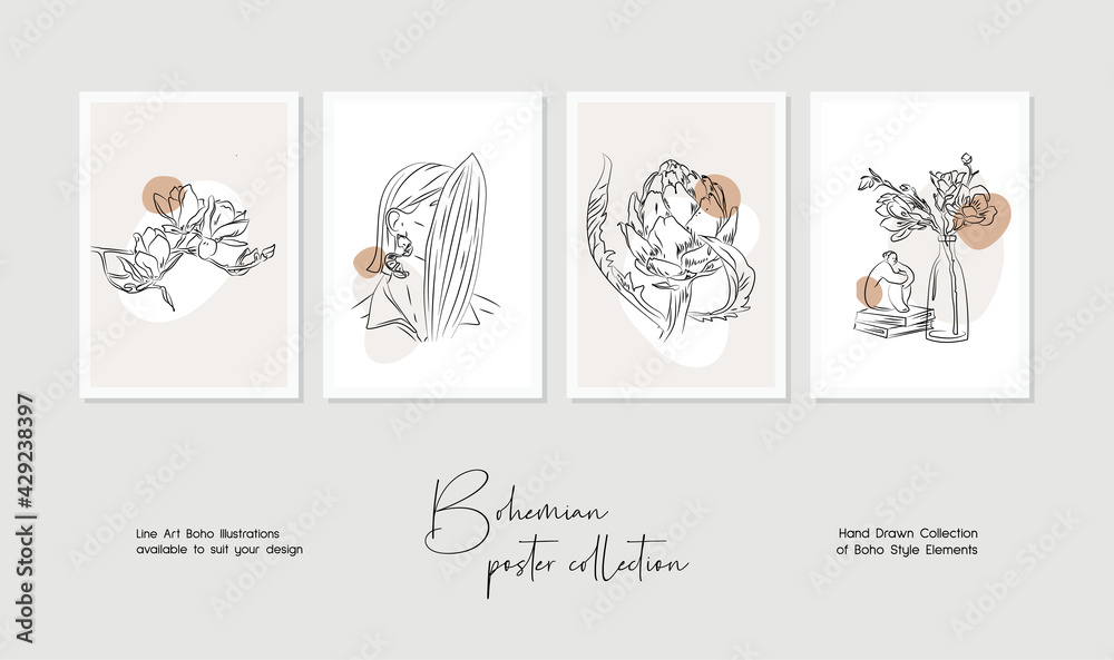 Fototapeta premium Botanical wall art vector set. Bohemian line art drawing with abstract shape. Abstract Plant line art design for print, cover, wallpaper. Minimal and natural wall art.