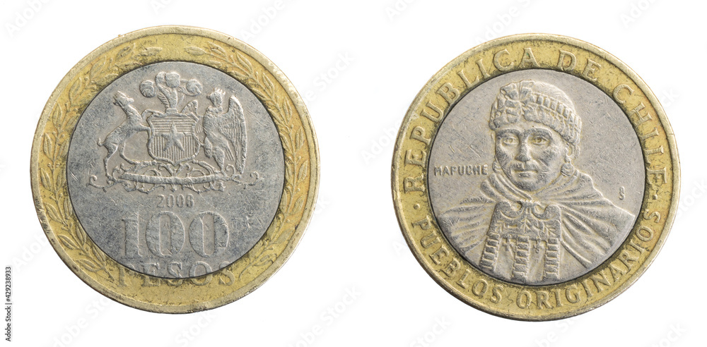 Chile one hundred pesos coin on a white isolated background Chile one hundred pesos coin on a white isolated background