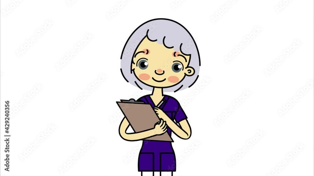Female nurse writing clipboard on white background. cartoon animation. Female nurse writing clipboard on white background. cartoon animation.