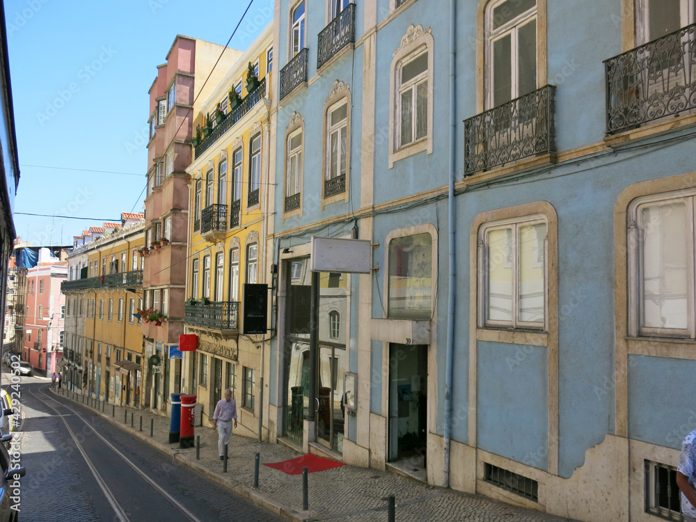 Cute streets seen from the tram window, Lisbon, Portugal
