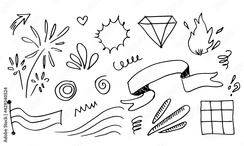 hand drawn set elements, black on white background. ribbon, fire, flag, cloud, arrow, heart, light, square, king, emphasis, vortex, for concept design. hand drawn set elements, black on white background. ribbon, fire, flag, cloud, arrow, heart, light, square, king, emphasis, vortex, for concept design.