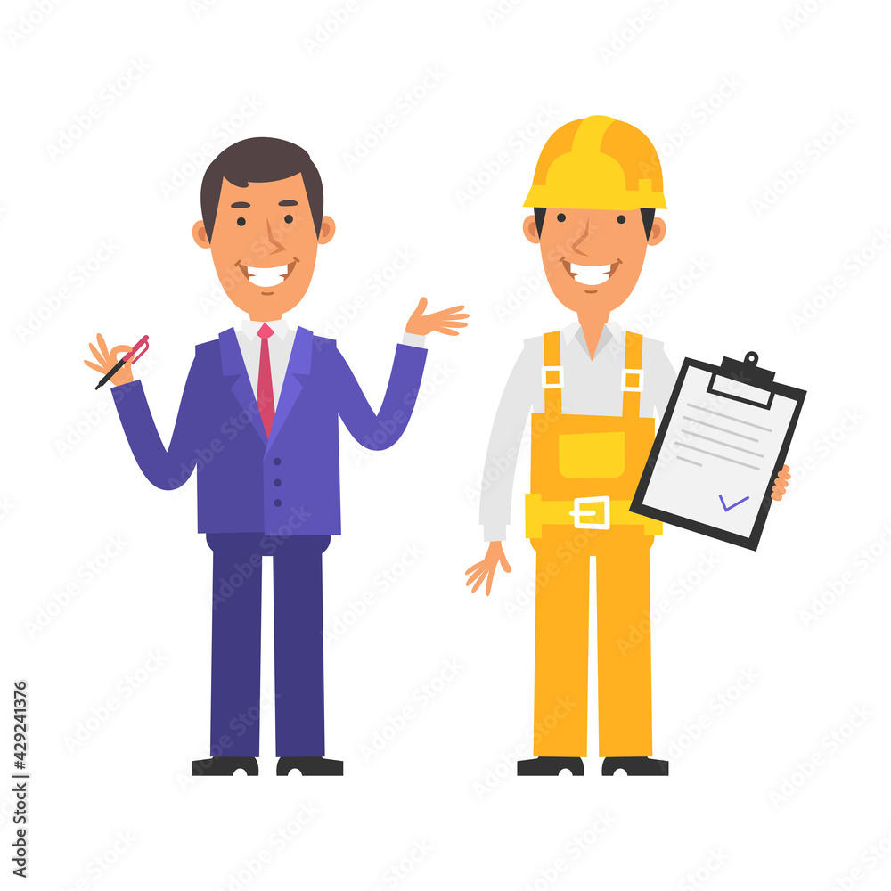 Businessman holding pen and smiling. Builder holds tablet and smiles. Vector characters Businessman holding pen and smiling. Builder holds tablet and smiles. Vector characters