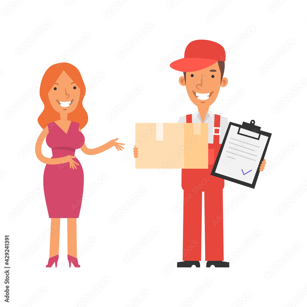 Girl standing and smiles. Postman holds box tablet and smiles. Vector characters Girl standing and smiles. Postman holds box tablet and smiles. Vector characters