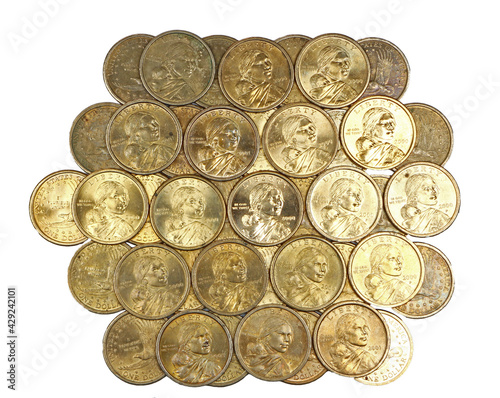 Sacagawea currect US golden dollars from above. Straight down background many coins. Isolated on whiite. photo