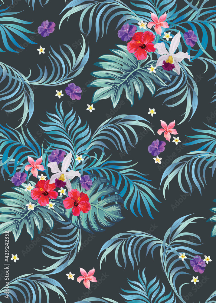 Tropical pattern with strelizia, hibiscus, palm leaves. Summer vector background for fabric, cover,print design.