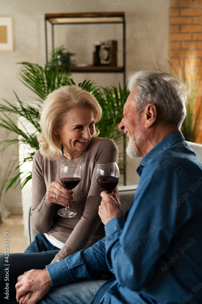 Senior woman and man drinking wine at home. Husband and wife celebrate the anniversary.... Senior woman and man drinking wine at home. Husband and wife celebrate the anniversary....