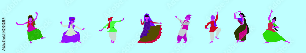 set of bhangra holiday indian dance cartoon icon design template with various models. vector illustration isolated on blue background