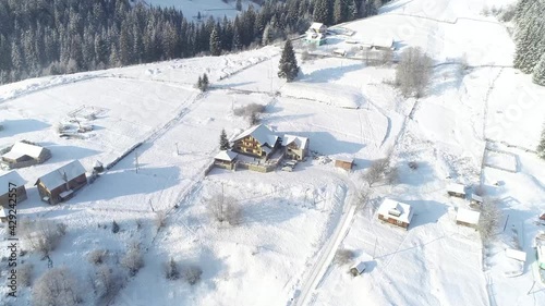 House in the mountains. Drone video. Beautiful house in the mountains. Rest, vacation in the mountains.