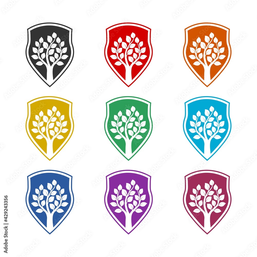 Shield with tree isolated on white background color set Shield with tree isolated on white background color set