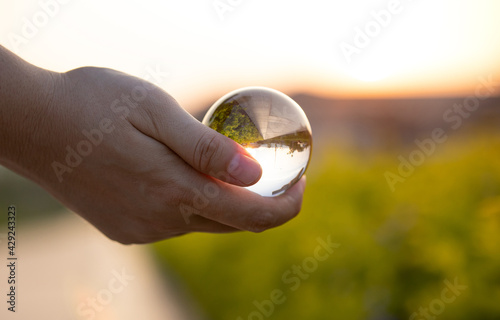Beautiful scenery view through a glass ball of walkway with green bushes in the summer on sunset. scenery background. A man with a crystal ball.