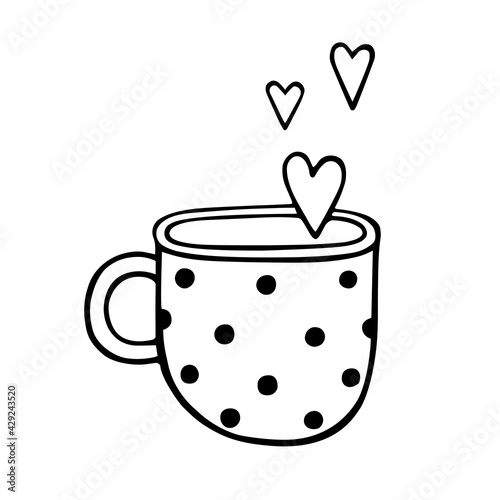 A mug of tea with a polka dot pattern and hearts. A cup of coffee, steam with a heart. Hand-drawn vector illustration in doodle style, isolated. A declaration of love. Sticker, card, Valentine's Day.