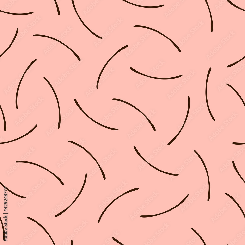 Thin small arcuate brown sticks on a pink background. Seamless pattern for fabrics, textiles, wrapping paper, curtains, pillows, bedspreads, bed linen. Thin small arcuate brown sticks on a pink background. Seamless pattern for fabrics, textiles, wrapping paper, curtains, pillows, bedspreads, bed linen.