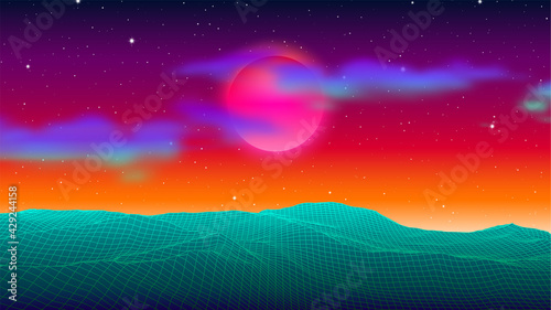 Futuristic landscape with 80s styled cyberpunk grid mountains on green planet with orange sky. Synthwave background for music cover or poster.