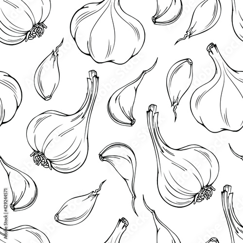 Vector line art seamless pattern. Fresh garlic. Bulbs and pieces . Black on white design for textile, wrapping paper, illustration, background about health care, immunity, vitamins in vegetables.
