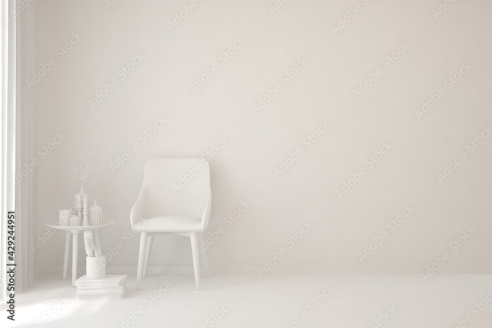 Mock up of stylish room in white color with armchair. Scandinavian interior design. 3D illustration Mock up of stylish room in white color with armchair. Scandinavian interior design. 3D illustration