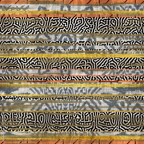 Seamless animal inspired ethnic stripe line pattern. High quality illustration. Tribal intricate and highly textured stripes interspersed with patterned stripes. Chaotic montage design.