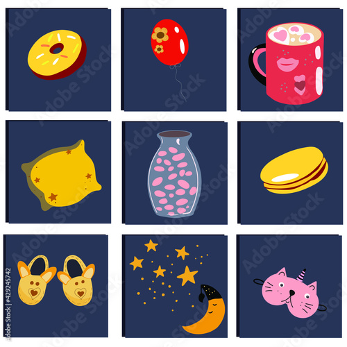 Set of 9 items for pajama party, balloon; cocoa; marshmallows; donut; night slippers; slippers; stars; moon; night; mask for sleep; macaroon; pillow; birthday; overnight stay.