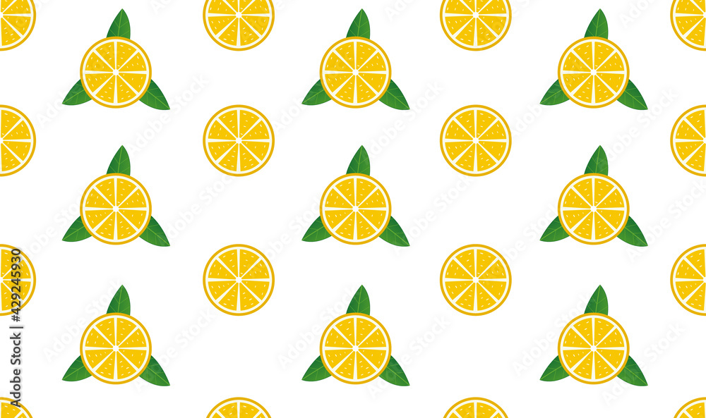 Half lemon seamless pattern vector on isolated white background. Hand drawn decorative bright slice lemons and green leaves. Flat freshness concept.
