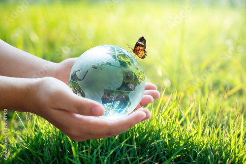 Fototapeta Naklejka Na Ścianę i Meble -  A man with a glass globe Concept day earth Save the world save environment The world is in the grass of the green bokeh background