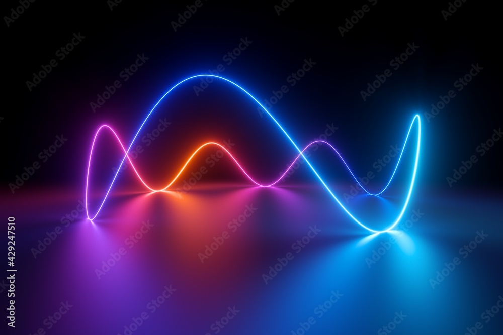 3d render, abstract neon background with glowing wavy line - obrazy, fototapety, plakaty 