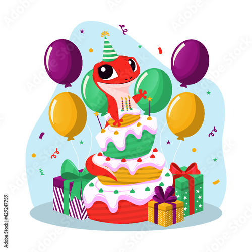birthday cake with balloons and gifts