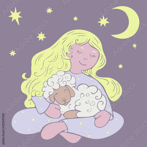 Vector illustration with sitting girl and lamb with moon and stars on background. Design for sleepwear or textile.