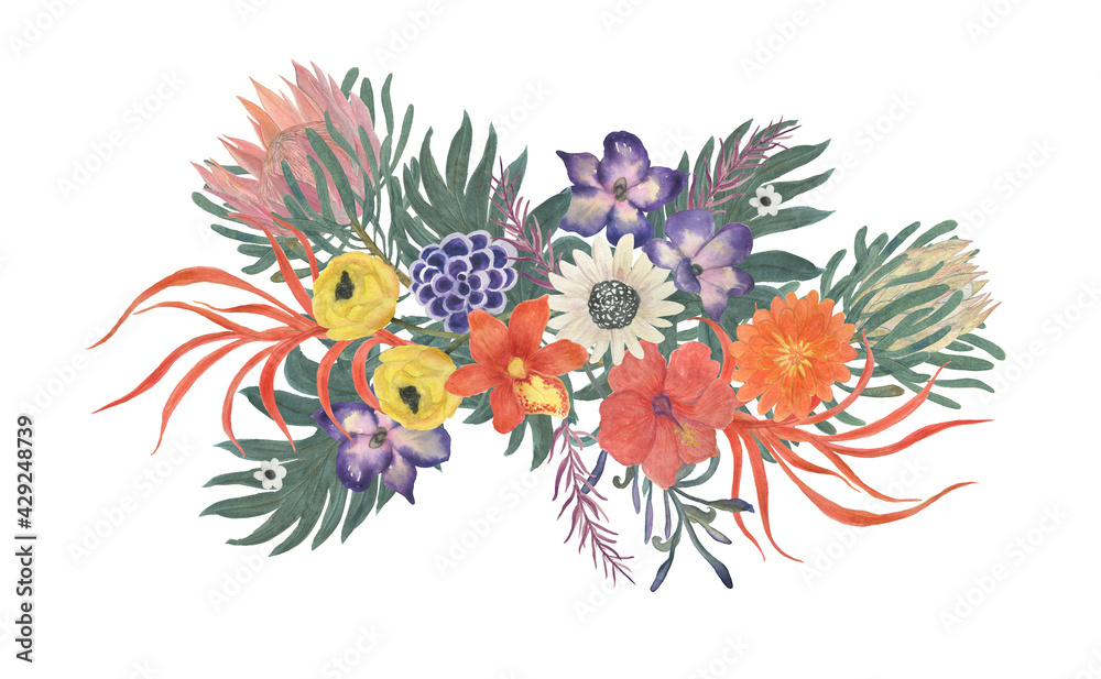 Fototapeta premium Colorful floral composition with leaves and tropical flowers;orchid and protea , drawing watercolor. Design for invitation, wedding or greeting cards