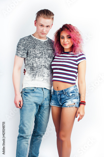 best friends teenage girl and boy together having fun, posing emotional on white background isolated, latin american and caucasian