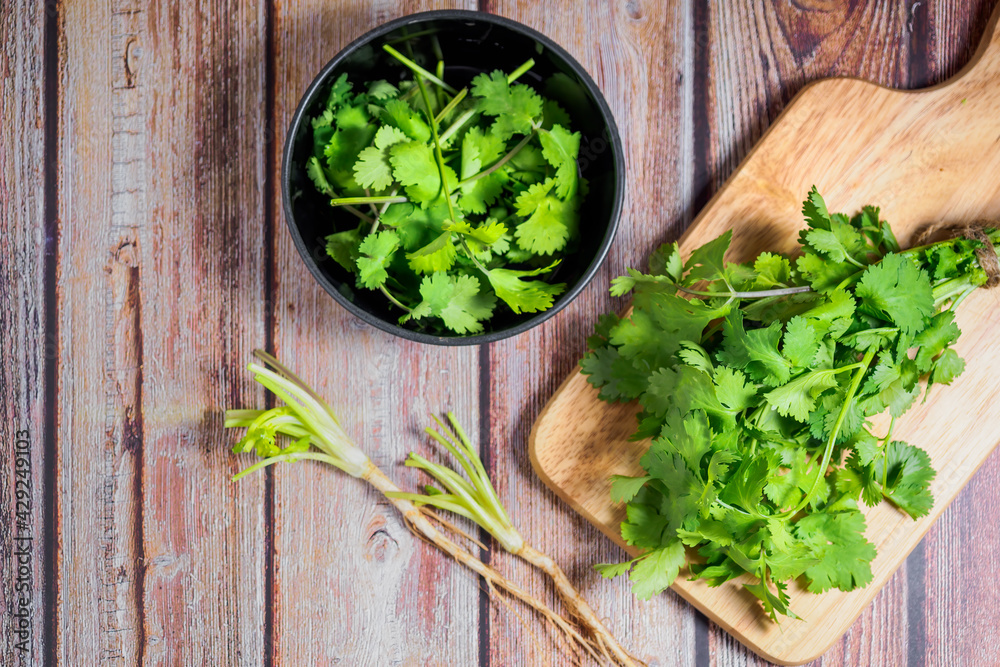 Fresh coriander leaves on wooden background. Organic seasoning vegetable Fresh coriander leaves on wooden background. Organic seasoning vegetable