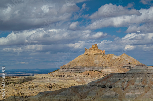 Badlands canyon surrounding Angels Peak natural area in san juan county new mexico showing sandstone color banding as weather erodes surface