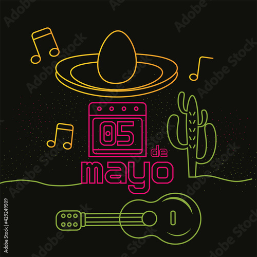 Neon poster of cinco de mayo. Hat, cactus and guitar - Vector