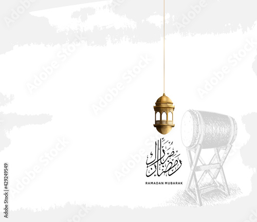 Ramadan Design vector with calligraphy, traditional drum and lantern golden color isolated on white background