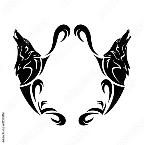 two howling wolf heads and heraldic style copy space blank black and white vector design