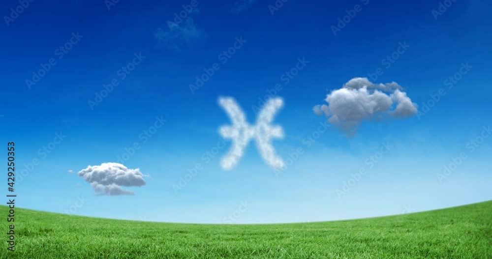 Animation of pisces star zodiac sign formed with white clouds on blue sky over meadow Animation of pisces star zodiac sign formed with white clouds on blue sky over meadow