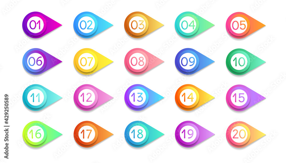 Bullet numbers. Infographic buttons and points. Icon with numbers from 1 to 20. 3d pointers for promotion. Colorful gradient markers for badges, tags. Modern logos in map interface. Vector. Bullet numbers. Infographic buttons and points. Icon with numbers from 1 to 20. 3d pointers for promotion. Colorful gradient markers for badges, tags. Modern logos in map interface. Vector.