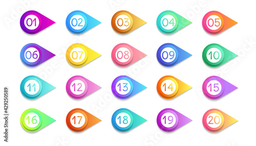 Bullet numbers. Infographic buttons and points. Icon with numbers from 1 to 20. 3d pointers for promotion. Colorful gradient markers for badges, tags. Modern logos in map interface. Vector.