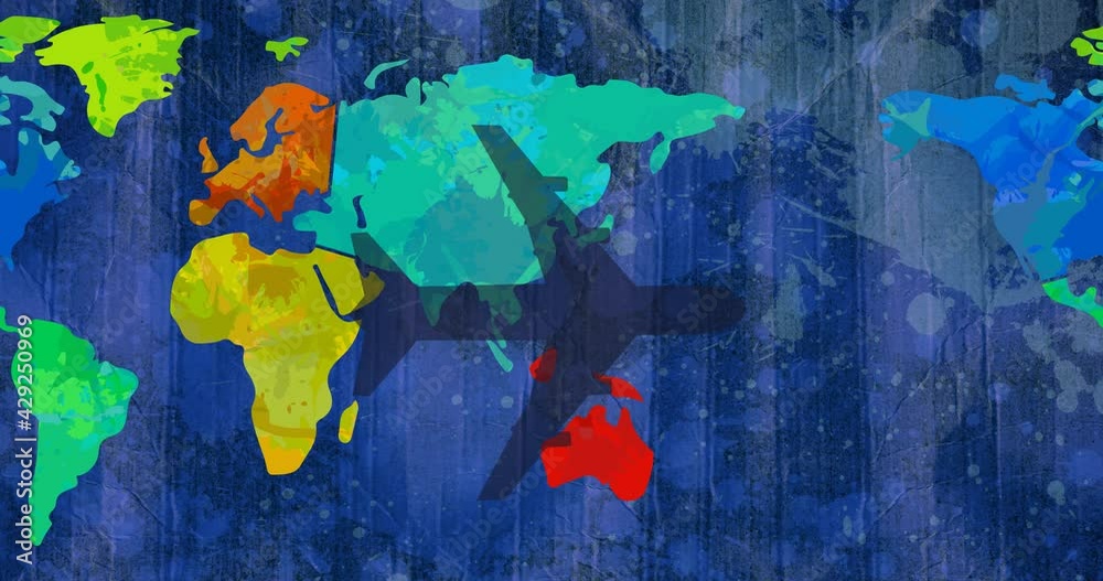 Animation of airplane shadow flying over multi coloured world map Animation of airplane shadow flying over multi coloured world map