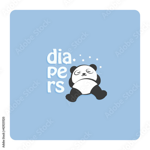 Panda sleeps in diapers, cartoon logo concept of childrens relax care and hygiene goods, babysitting and nannies services, newborn baby health. Vector illustration