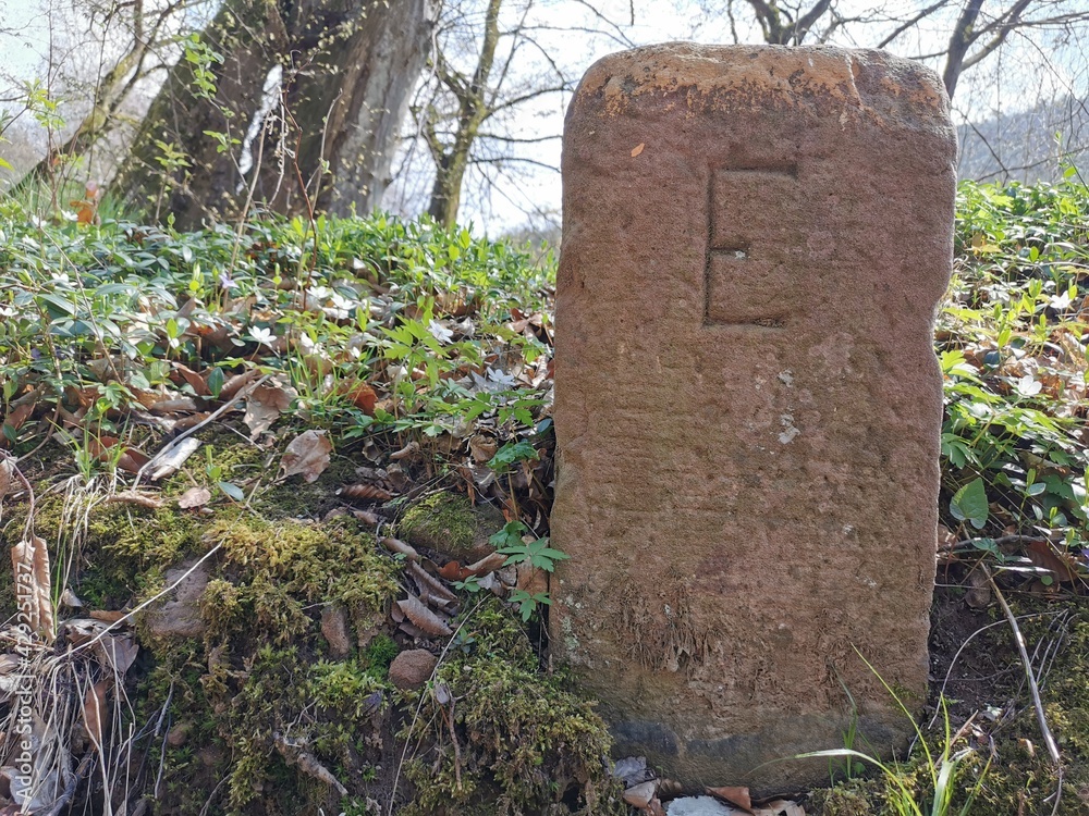 Ein alter Grenzstein aus Sandstein mit dem Buchstaben E Stock Photo