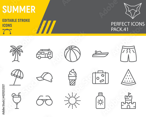 Summer line icon set, beach collection, vector graphics, logo illustrations, travel vector icons, summer signs, outline pictograms, editable stroke